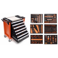  Įrankių vežimėlis 7 stalčių su 258 įrankiais, su šonine spinta